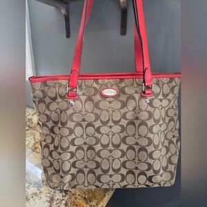 Coach Brown Signature Tote with Red Trim